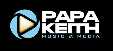 Papa Keith Music & Media: A black rectangular logo featuring a blue and yellow circular play-button symbol and white text reading “PAPA KEITH MUSIC & MEDIA.”